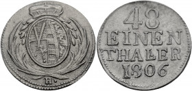 Sachsen/-Alb. Linie, Kurfürstentum nach 1547. 
FRIEDRICH AUGUST III., 1763-1806. 1/48 Taler 1806, Dresden. Ovales Wappen unter Kurhut zwischen Palmzw...