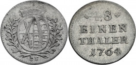 Sachsen/-Alb. Linie, Kurfürstentum nach 1547. 
FRIEDRICH AUGUST III., 1763-1806. 1/48 Taler 1764, Leipzig. Ovales Wappen unter Kurhut zwischen Lorbee...