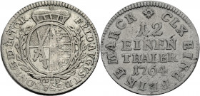 Sachsen/-Alb. Linie, Kurfürstentum nach 1547. 
FRIEDRICH AUGUST III., 1763-1806. 1/12 Taler 1764, Leipzig. Gekröntes Wappen zwischen Zweigen, darunte...