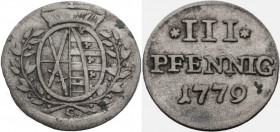 Sachsen/-Alb. Linie, Kurfürstentum nach 1547. 
FRIEDRICH AUGUST III., 1763-1806. 3 Pfennig 1779. Ovales Wappen unter Kurhut zwischen Lorbeerzweigen. ...
