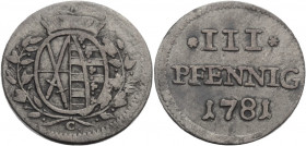 Sachsen/-Alb. Linie, Kurfürstentum nach 1547. 
FRIEDRICH AUGUST III., 1763-1806. 3 Pfennig 1781, Dresden. Ovales Wappen unter Kurhut zwischen Lorbeer...