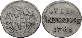 Sachsen/-Alb. Linie, Kurfürstentum nach 1547. 
FRIEDRICH AUGUST III., 1763-1806. 3 Pfennig 1785 Ovales Wappen unter Kurhut zwischen Lorbeerzweigen. R...