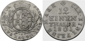 Sachsen/-Alb. Linie, Kurfürstentum nach 1547. 
FRIEDRICH AUGUST III., 1763-1806. 1/12 Taler 1801 I.E.C., Dresden. Wappen unter Kurhut zwischen Zweige...