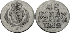 Sachsen, Königreich. 
FRIEDRICH AUGUST I., 1806-1827. 1/48 Taler 1812. Ovales gekröntes Wappen zwischen Palmzweigen, darunter Mmz. H Rv. Wert und Jah...