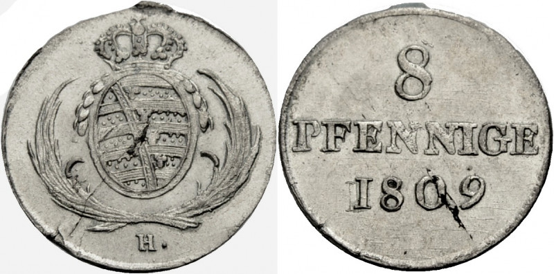 Sachsen, Königreich. 
FRIEDRICH AUGUST I., 1806-1827. 8 Pfennig 1809 H. Gekrönt...