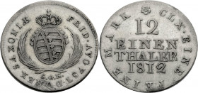 Sachsen, Königreich. 
FRIEDRICH AUGUST I., 1806-1827. 1/12 Taler 1812 SGH. Gekröntes Wappen zwischen Palmzweigen. Rv. Wert und Jahr in 4 Zeilen. J.&n...