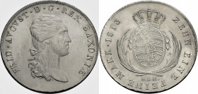 Sachsen, Königreich. 
FRIEDRICH AUGUST I., 1806-1827. Konventionstaler 1813, Mmz. S.G.H. Kopf r. Rv. Gekröntes ovales Wappen zwischen Palmzweigen. J....