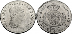 Sachsen, Königreich. 
FRIEDRICH AUGUST I., 1806-1827. 1/6 Taler = 1/8 Konventionstaler 1817. Büste r. Rv. Gekröntes Wappen zwischen Palmzweigen. J.&n...
