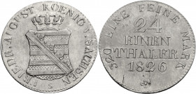 Sachsen, Königreich. 
FRIEDRICH AUGUST I., 1806-1827. 1/24 Taler 1826 S Gekröntes Wappen. Rv. Wert und Jahr in 4 Zeilen. J.&nbsp;38, AKS&nbsp;44. . ...