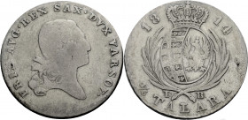 Sachsen, Königreich. 
FRIEDRICH AUGUST I., 1806-1827. 1/6 Taler 1814, Warschau, für Polen.Büste n. r. Rv. Gekröntes Wappen Sachsen-Polen zwischen Pal...