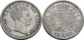 Sachsen, Königreich. 
ANTON, 1827-1836. 1/6 Taler 1827. Kopf r. Rv. Gekröntes Wappen zwischen Zweigen. J.&nbsp;51. . 

Sehr schön