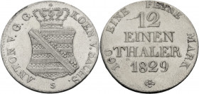 Sachsen, Königreich. 
ANTON, 1827-1836. 1/12 Taler 1829 S Gekröntes Wappen. Rv. Wert und Jahr in 4 Zeilen. J.&nbsp;56, AKS&nbsp;76. . 

Vorzüglich-...