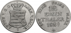 Sachsen, Königreich. 
ANTON, 1827-1836. 1/12 Taler 1829 S Gekröntes Wappen. Rv. Wert und Jahr in 4 Zeilen. J.&nbsp;56, AKS&nbsp;76. . 

Fast vorzüg...