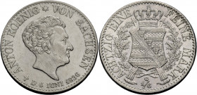 Sachsen, Königreich. 
ANTON, 1827-1836. 1/6 Taler 1836 auf seinen Tod. Kopf r., darunter Sterbedatum. Rv. Gekröntes Wappen zwischen Zweigen vor zwei ...