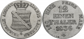 Sachsen, Königreich. 
FRIEDRICH AUGUST II., 1836-1854. 1/12 Taler 1836 G Gekröntes wappen. Rv. Wert und Jahr in 4 Zeilen. J.&nbsp;71, AKS&nbsp;105. ....