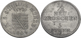 Sachsen, Königreich. 
FRIEDRICH AUGUST II., 1836-1854. 1/2 Neugroschen = 5 Pfennig 1849 F. Gekröntes Wappen. Rv. Wert. J.&nbsp;81. . 

Sehr schön...