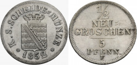 Sachsen, Königreich. 
FRIEDRICH AUGUST II., 1836-1854. 1/2 Neu-Groschen = 5 Pfennig 1852 F. Gekröntes Wappen. Rv. Wert. J.&nbsp;81. . 

Vorzüglich...