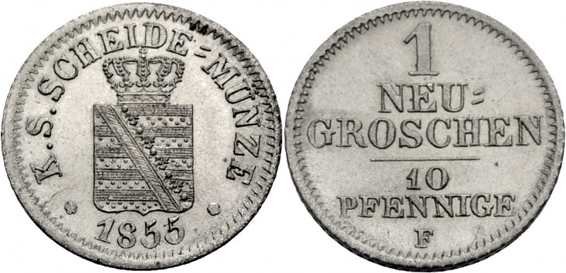 Sachsen, Königreich. 
JOHANN, 1854-1873. Neugroschen = 10 Pfennig 1855 F Gekrön...