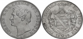 Sachsen, Königreich. 
JOHANN, 1854-1873. Vereinsdoppeltaler 1858 F. Kopf l. Rv. Gekröntes Wappen auf gekröntem Mantel. J.&nbsp;109, AKS&nbsp;126, Kah...