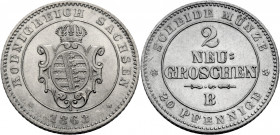 Sachsen, Königreich. 
JOHANN, 1854-1873. 2 Neugroschen = 20 Pfennig 1863 B Gekröntes Wappen. Rv. Wert. J.&nbsp;125, AKS&nbsp;144. . 

Vorzüglich
