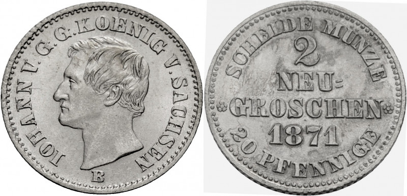 Sachsen, Königreich. 
JOHANN, 1854-1873. 2 Neugroschen = 20 Pfennig 1871 B Kopf...