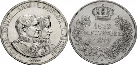 Sachsen, Königreich. 
JOHANN, 1854-1873. Vereinsdoppeltaler 1872 B auf die goldene Hochzeit. Die Brustbilder des Königspaares r. Rv. Hochzeitsdaten z...