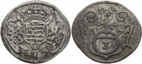 Sachsen/-Neu-Weimar(-Eisenach), Herzogtum. 
JOHANN ERNST, 1662-1683. Dreier 1675. Unter einer Krone 3 Wappen nebeneinander, darunter Mmz. GFS Rv. Rei...