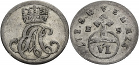 Sachsen/-Neu-Weimar(-Eisenach), Herzogtum. 
ERNST AUGUST CONSTANTIN, 1748-1758. 6 Pfennig 1757. Gekröntes Monogramm EAC Rv. Reichsapfel mit Wertzahl ...