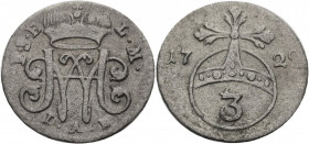 Sachsen/-Eisenach, Herzogtum. 
JOHANN GEORG, 1662-1686. 3 Pfennig 1729. Monogramm WH unter Fürstenhut, unten Mmz. I.A.B Rv. Reichsapfel mit Wertzahl ...