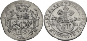 Sachsen/-Eisenach, Herzogtum. 
JOHANN GEORG, 1662-1686. 6 Pfennig 1736. Gekröntes ovales Wappen in Kartusche. Rv. Reichsapfel mit Wertzahl VI. Schön&...