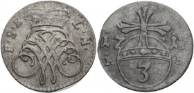 Sachsen/-Eisenach, Herzogtum. 
JOHANN WILHELM 1698-1729. 3 Pfennig 1717. Monogramm JW unter Fürstenhut. Rv. Reichsapfel mit Wertzahl 3 zwischen 17-17...