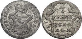 Sachsen/-Gotha-Altenburg, Herzogtum. 
FRIEDRICH III., 1732-1772. 3 Pfennig 1752. Gekrönter Rautenkranzschild. Rv. Wert in Kartusche. 0,80 g. Steguwei...