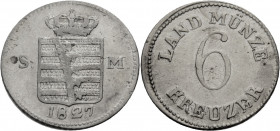 Sachsen/-Meiningen, Herzogtum. 
BERNHARD II. ERICH FREUND, 1821-1866. 6 Kreuzer 1827. Gekröntes Wappen. Rv. Wert. 2,38 g. J.&nbsp;418, AKS&nbsp;193. ...