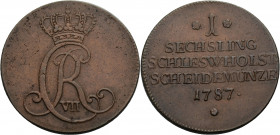 Schleswig/-Holstein, Herzogtum, Königl. Linie. 
CHRISTIAN VII., 1766-1808. Cu-Sechsling 1787. Gekröntes Monogramm. Rv. Wert und Jahr in 5 Zeilen. 11....