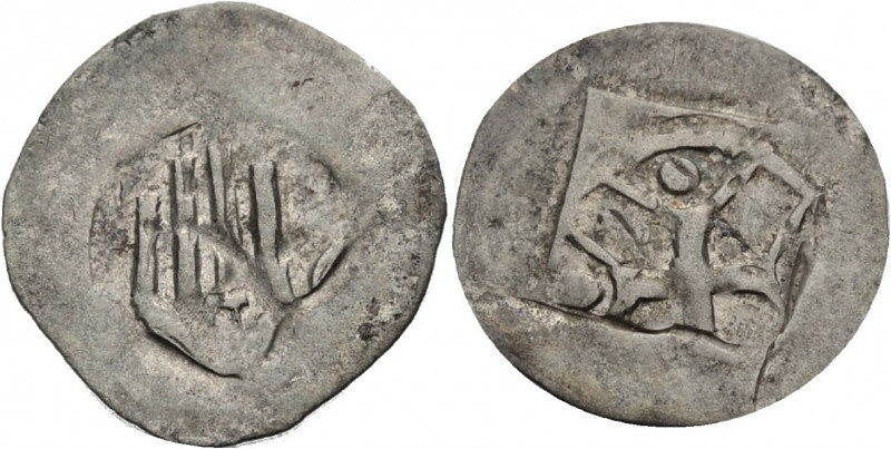 Tiengen. 
HERREN VON KRENKINGEN. Heller o. J. (um 1385). Hand mit einem T in de...