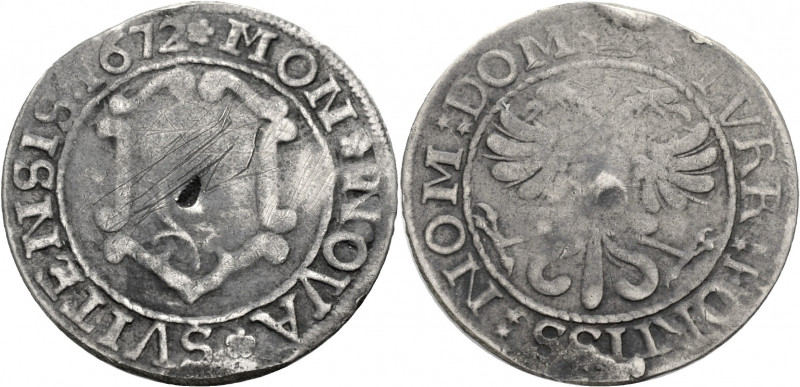 Schweizer Münzen und Medaillen. 
Schwyz. 
Örtli 1672. Wappen. Rv. Gekrönter Do...