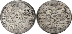 Schweizer Münzen und Medaillen. 
Graubünden/-Chur, Stadt. 
Groschen 1733. Geharnischtes Hüftbild des hl. Lucius r. Rv. Gekrönter Doppeladler, auf de...