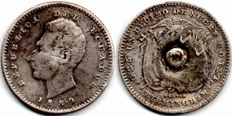 Ecuador 1 Decimo de Sucre 1889 Birmingham .900 Plata E:F ex mount