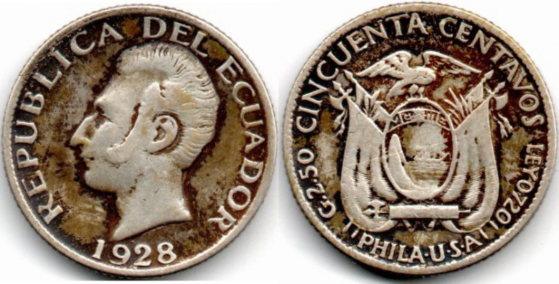 Ecuador 50 Centavos 1928 Filadelfia .720 Plata E:VF