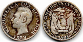 Ecuador 50 Centavos 1928 Filadelfia .720 Plata