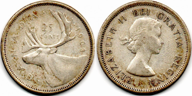 Canada 25 Centavos 1963 Reina Isabel II ley 800 Plata E:VF