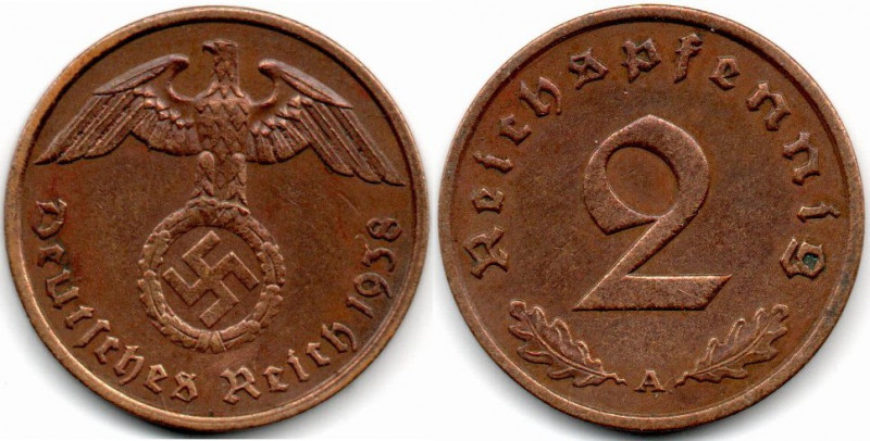 Alemania 2 Pfennig 1938 A Berlin NAZI Segundo Guerra Mundial SGM con Eswatika E:...