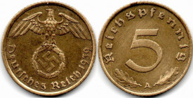 Alemania 5 Pfennig 1939 A Berlin en laton NAZI Segundo Guerra Mundial SGM con Eswatika