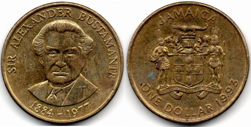 Jamaica $5 Dolares 1993 Bustamante 1884-1977 E:XF