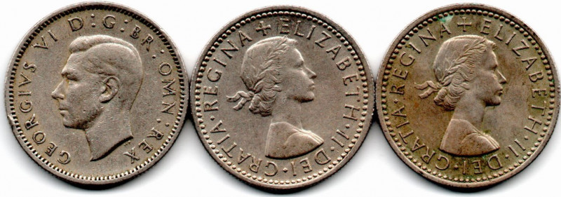Inglaterra 3 Pzs. 6 Pence 1948 1957 & 1958 XF-UNC George VI y Isabel II