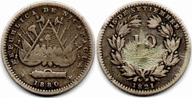 Nicaragua 10 Centavos 1880 E:VF rayado