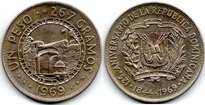 Republica Dominicana 1 Peso 1844-1969 125o Aniversario Tamaño Corona E:XF+