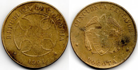 Colombia. Lazareto 50 Centavos 1901 en Laton Muy Raro