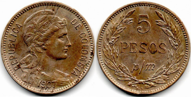 Colombia. Papel Moneda 5 Pesos 1907 Hermoso E:AU Espectacular