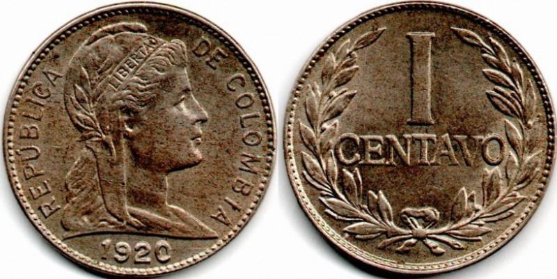 Colombia. 1 Centavo 1920 Casi Sin Circular! E:AU